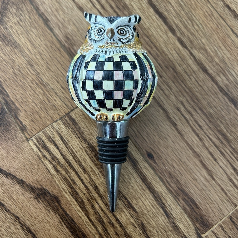 MacKenzie Childs OWL Bottle Wine Stopper Hand Painted Check No Box